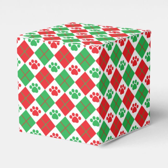 Red and Green Argyle Paw Print Favor Box (Front Side)
