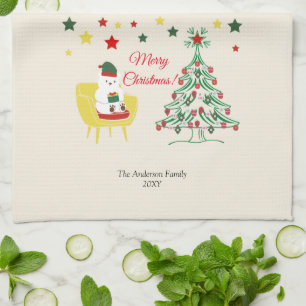 Red and Green Bear Tree Modern Merry Christmas Kitchen Towel