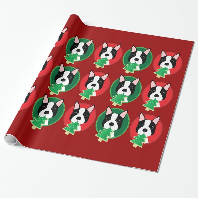 Red and Green Boston Terrier Christmas Gift Wrap (Unrolled)