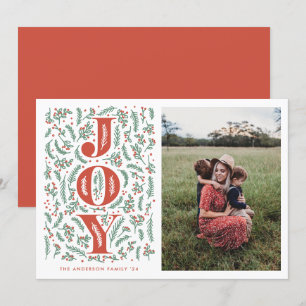 Red and green botanical JOY illustration photo Holiday Card