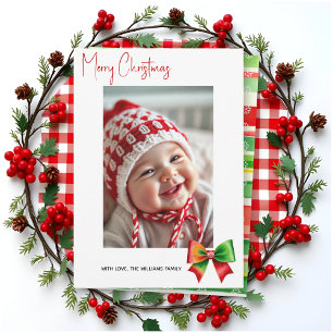 Red and green bow Merry Christmas photo Holiday Card