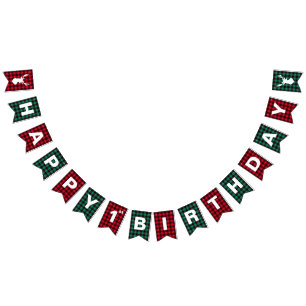 Red and Green Buffalo Plaid 1st Birthday Party Bunting Flags