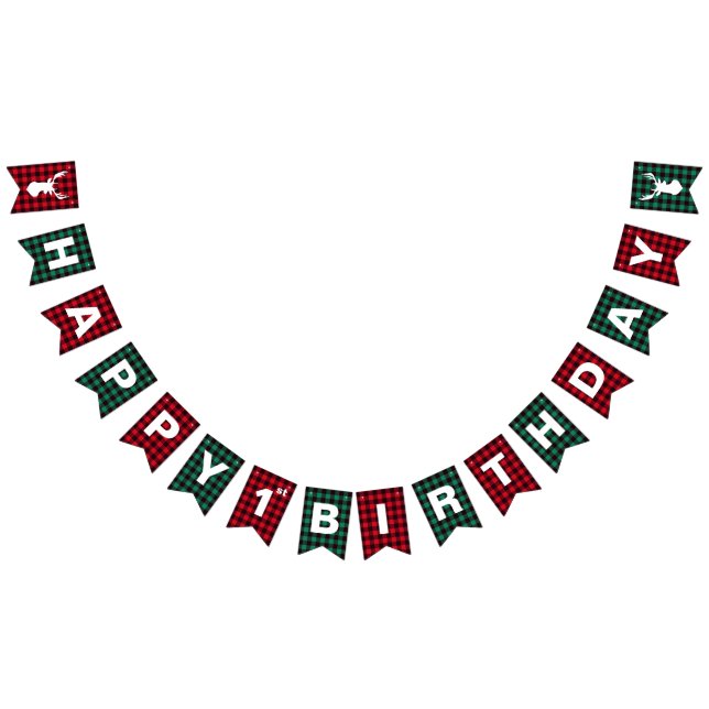 Red and Green Buffalo Plaid 1st Birthday Party Bunting Flags (All)