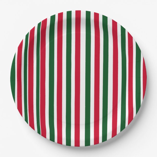 Red and Green Candy Cane Christmas Stripes  Paper Plate (Front)