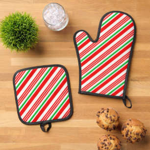 Red and Green Candy Cane Stripes Oven Mitt & Pot Holder Set