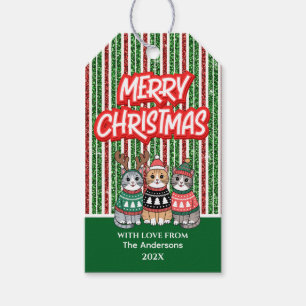 Red and Green Candy Stripes Christmas Cats Gift Tags