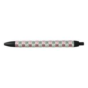 Red and Green Chequered Dog Paw Print Pattern  Black Ink Pen