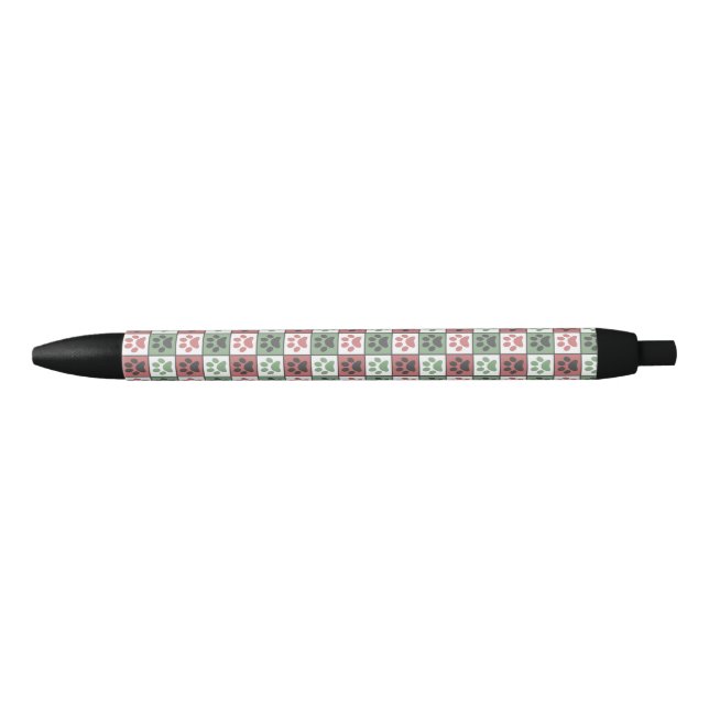 Red and Green Chequered Dog Paw Print Pattern  Black Ink Pen (Front)