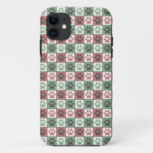 Red and Green Chequered Dog Paw Print Pattern  iPhone 11 Case