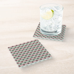 Red and Green Chequered Dog Paw Print Pattern Glass Coaster