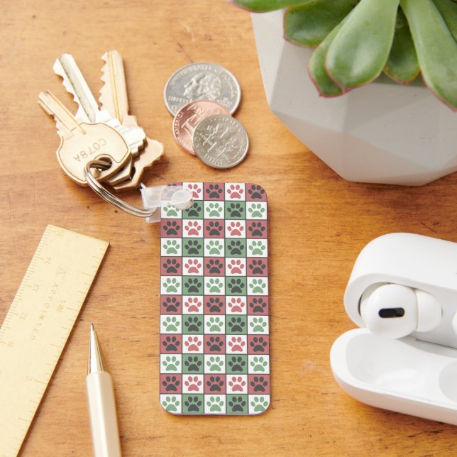 Red and Green Chequered Dog Paw Print Pattern Keychain (Desk)