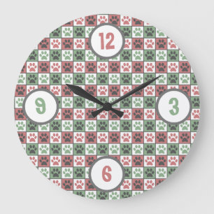 Red and Green Chequered Dog Paw Print Pattern   Large Clock