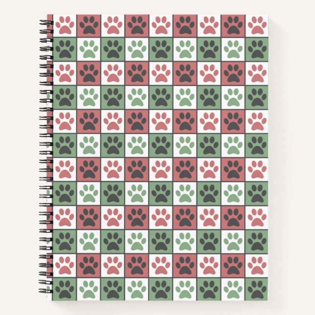 Red and Green Chequered Dog Paw Print Pattern  Notebook (Front)
