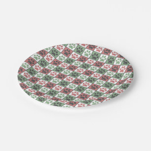 Red and Green Chequered Dog Paw Print Pattern Paper Plate