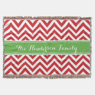 Red and Green Chevron Family Monogram Throw Blanket