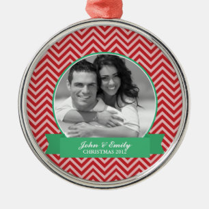 Red and Green Chevrons Pattern Christmas Photo Metal Ornament