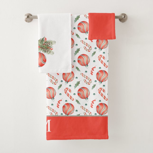 Red and Green Christmas Bulbs Candy Cane Monogram Bath Towel Set (Insitu)