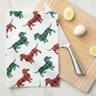 Red and Green Christmas Dachshunds Country Kitchen Towel