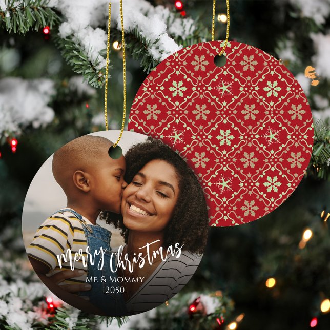 Red and Green Christmas Family Photo Custom Ceramic Ornament (Merry christmas photo custom ornament. )