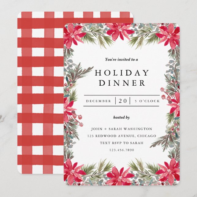Red and Green Christmas Foliage Dinner Party Invitation (Front/Back)