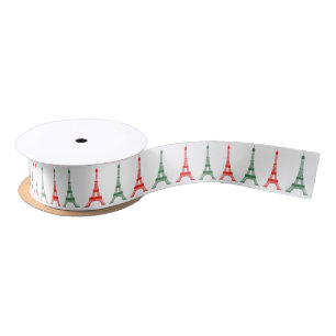 Red and Green Christmas French Theme Eiffel Towers Satin Ribbon