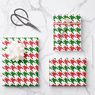 Red and Green Christmas Houndstooth Pattern Wrapping Paper Sheet