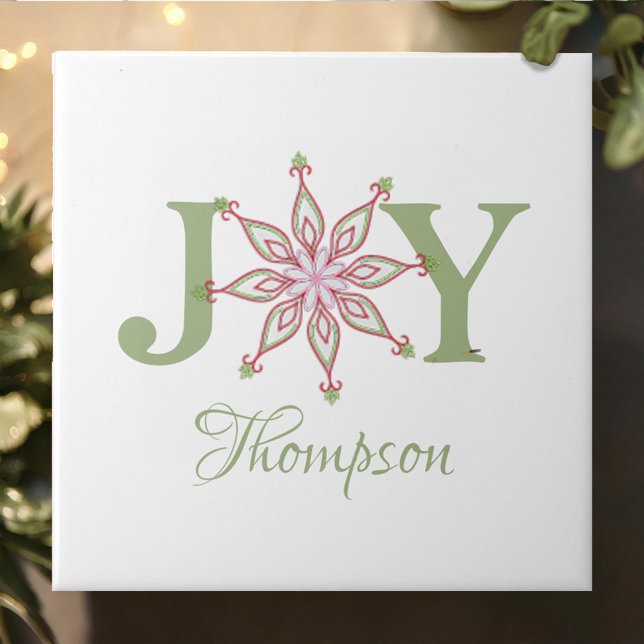 Red and Green Christmas Joy Personalized Tile (Christmas Joy custom ceramic tile.)