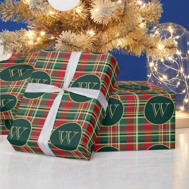Red and Green Christmas Plaid Monogram Wrapping Paper (Holidays)