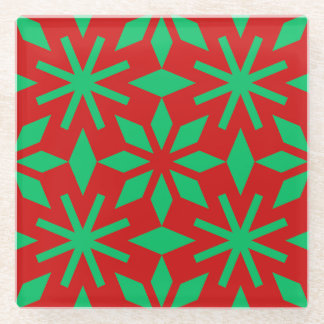 Red and Green Christmas Snowflakes Pattern Glass Coaster