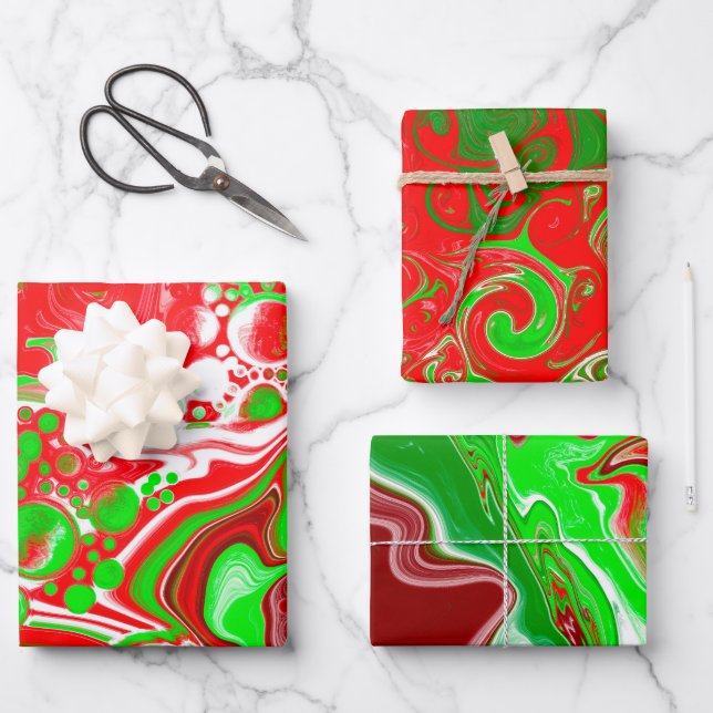 Red and Green Christmas Swirls Marble Wrapping Paper Sheet (Front)