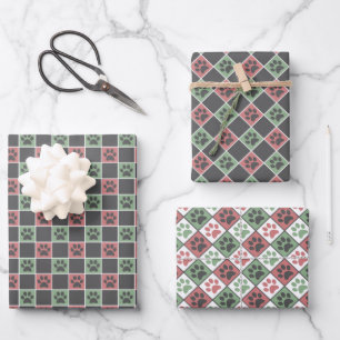 Red and green Christmas Themed Paw print pattern Wrapping Paper Sheet