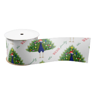 Red and Green Christmas Tree Peacock Pattern Satin Ribbon