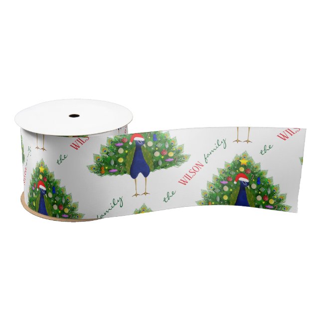 Red and Green Christmas Tree Peacock Pattern Satin Ribbon (Spool)