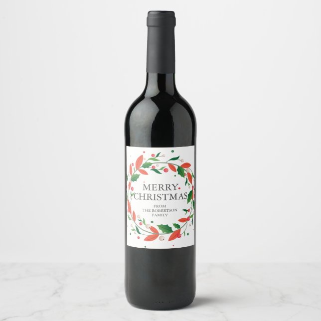Red and green Christmas wreath Wine Label (Front)