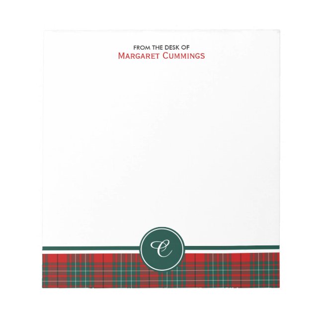 Red and Green Clan Cummings Tartan Monogram Notepad (Front)