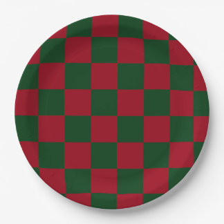Red and Green Classic Christmas Chequerboard Print Paper Plate