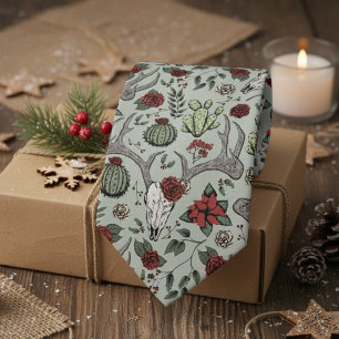 Red and Green Country Christmas Deer Head Antlers Tie