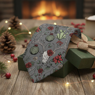 Red and Green Country Christmas Deer Head Antlers Tie