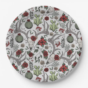 Red and Green Country Cowgirl Christmas Antlers Paper Plate