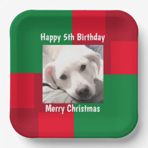 Red and Green Cute Dog Photo Holiday 5th Birthday Paper Plate