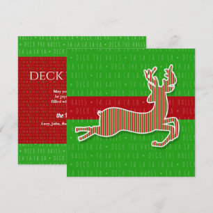 Red and Green Deck the Halls Reindeer Holiday Invitation