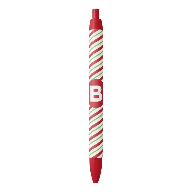 Red and Green Diagonal Pinstripes Monogram Black Ink Pen (Front Vertical)