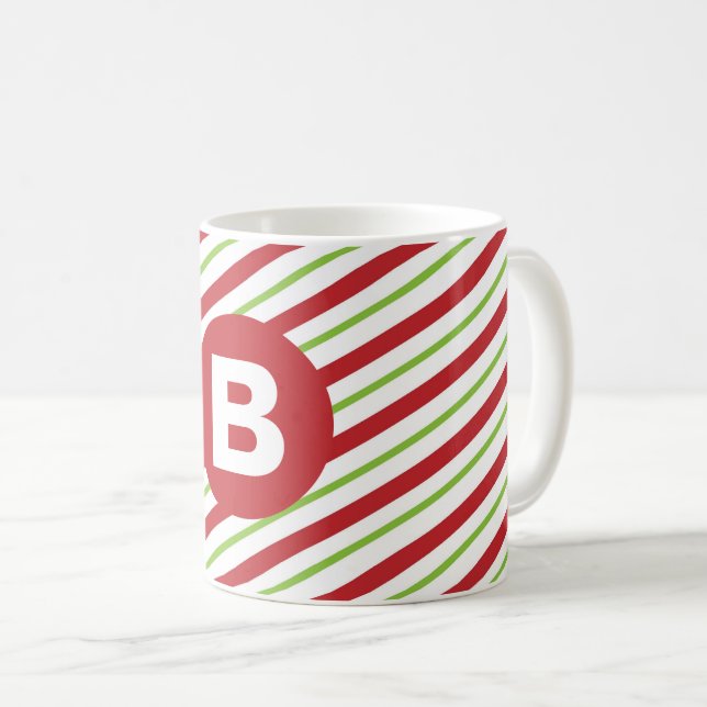 Red and Green Diagonal Pinstripes Monogram Coffee Mug (Front Right)