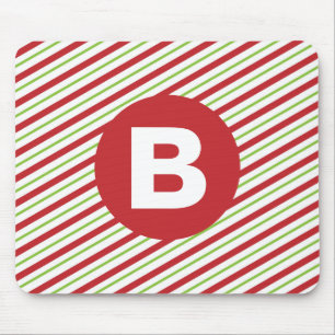 Red and Green Diagonal Pinstripes Monogram Mouse Pad