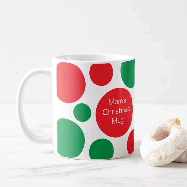 Red and Green Dot with Name Christmas Coffee Mug (With Donut)