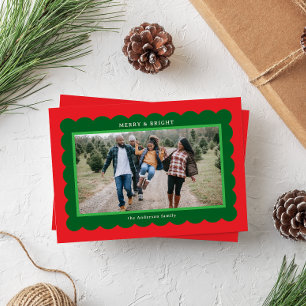 Red and Green Elf Style Simple Scallop Photo Frame Holiday Card