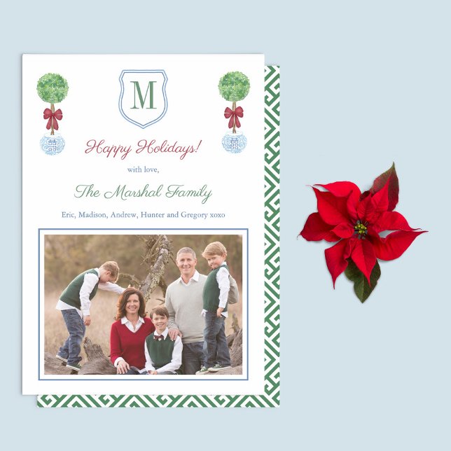 Red And Green Family Monogram Happy Holidays Photo Holiday Card (Red & Green Boxwood Topiary Monogram family picture holidays card with green white greek key reverse)