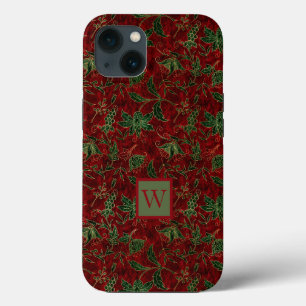 Red and Green Faux Velvet Pattern with Initial iPhone 13 Case