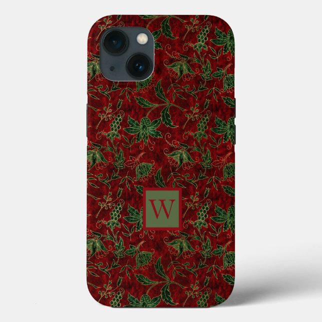 Red and Green Faux Velvet Pattern with Initial Case-Mate iPhone Case (Back)