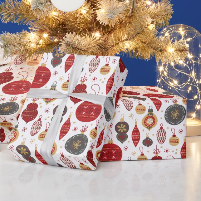 Red and Green Festive Bauble Ornaments Christmas Wrapping Paper (Holidays)